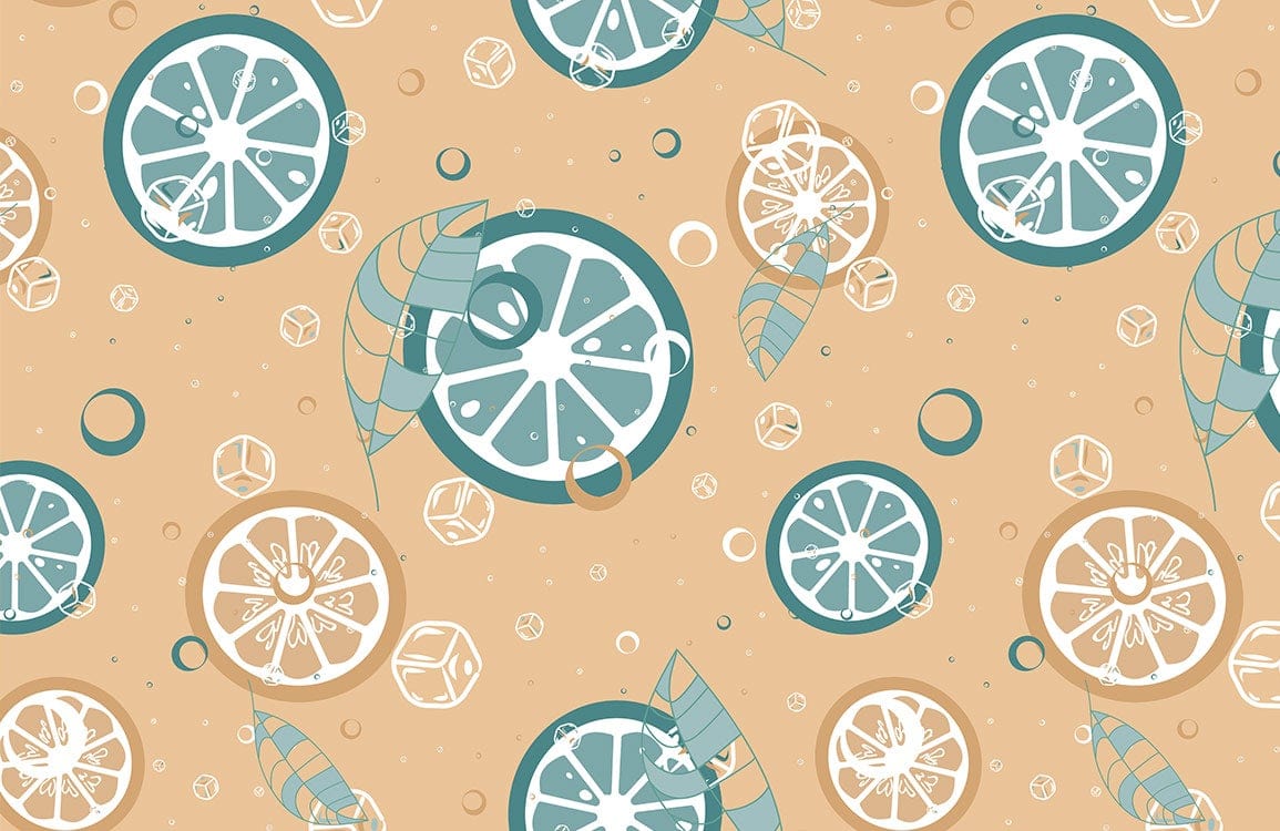 Retro Citrus Splash Patterned Wallpaper with Teal and Cream Leaf Accents