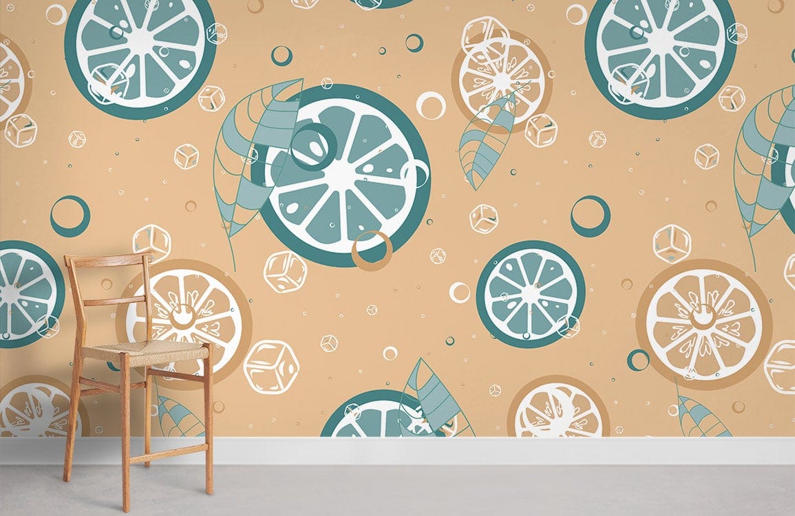 Retro Citrus Splash Wallpaper with Teal and Cream Leaf Accents in Room, Wooden Chair, White Flooring.