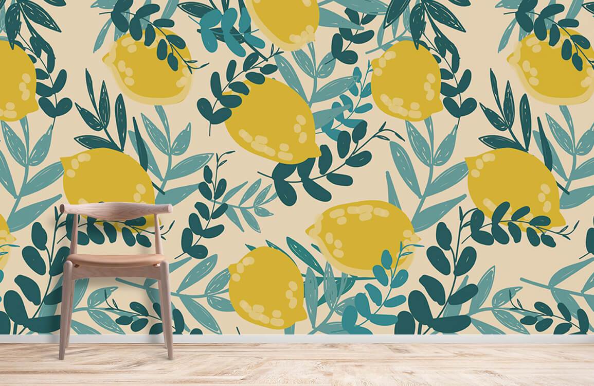 Chair in front of vibrant Lemon Grove botanical wallpaper, yellow and green, wood flooring, nature design.
