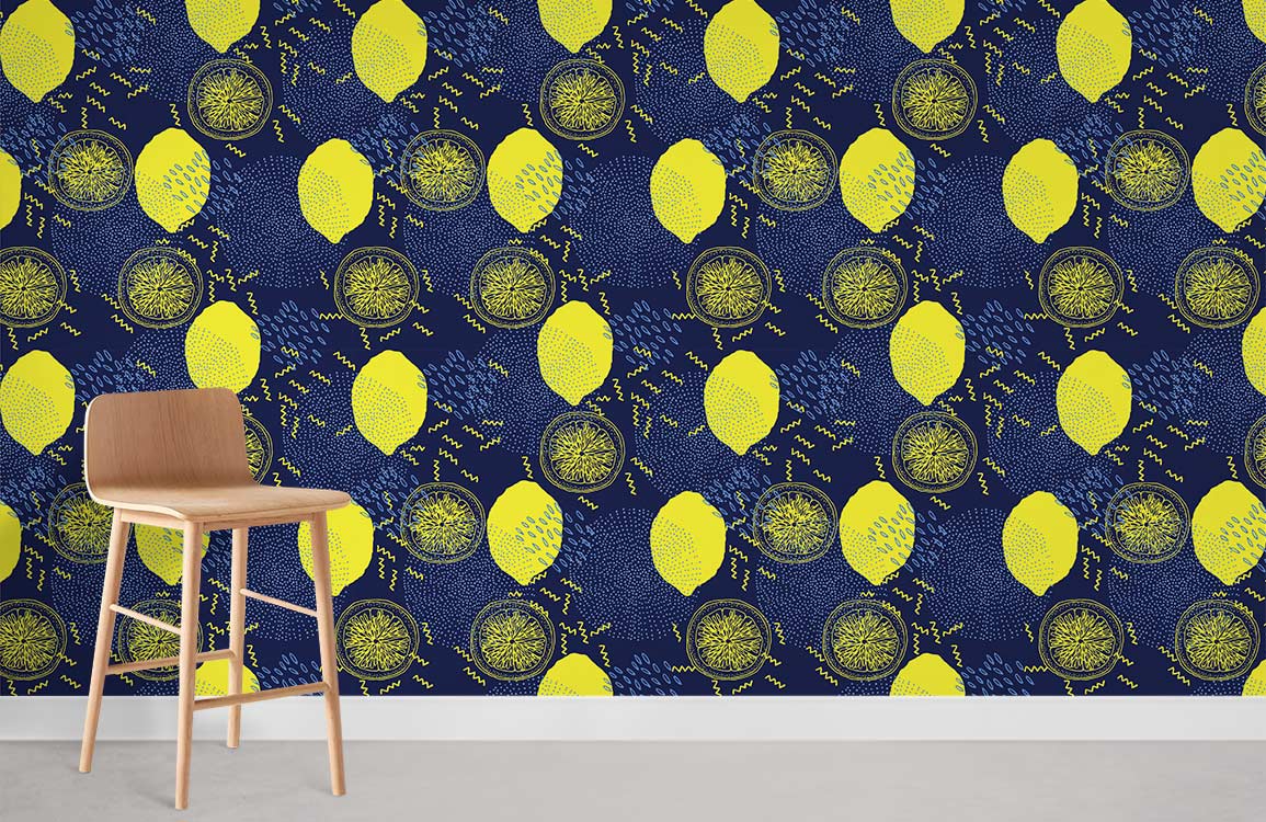 Vibrant citrus navy geometric wallpaper, wooden chair, stylish interiors, modern decor, geometric pattern, wallpaper.