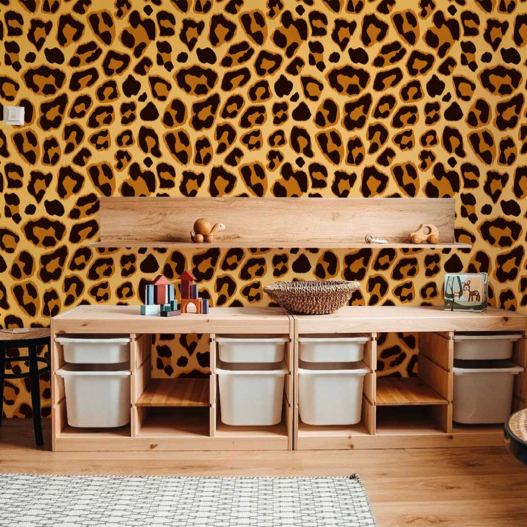 Luxury Leopard Print Wallpaper in brown and gold, wooden shelving, storage unit, light wood flooring.