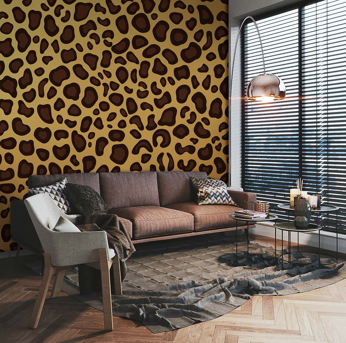 Luxurious Leopard Print Wallpaper in brown, paired with brown sofa, grey rug, wooden flooring, modern lamp.