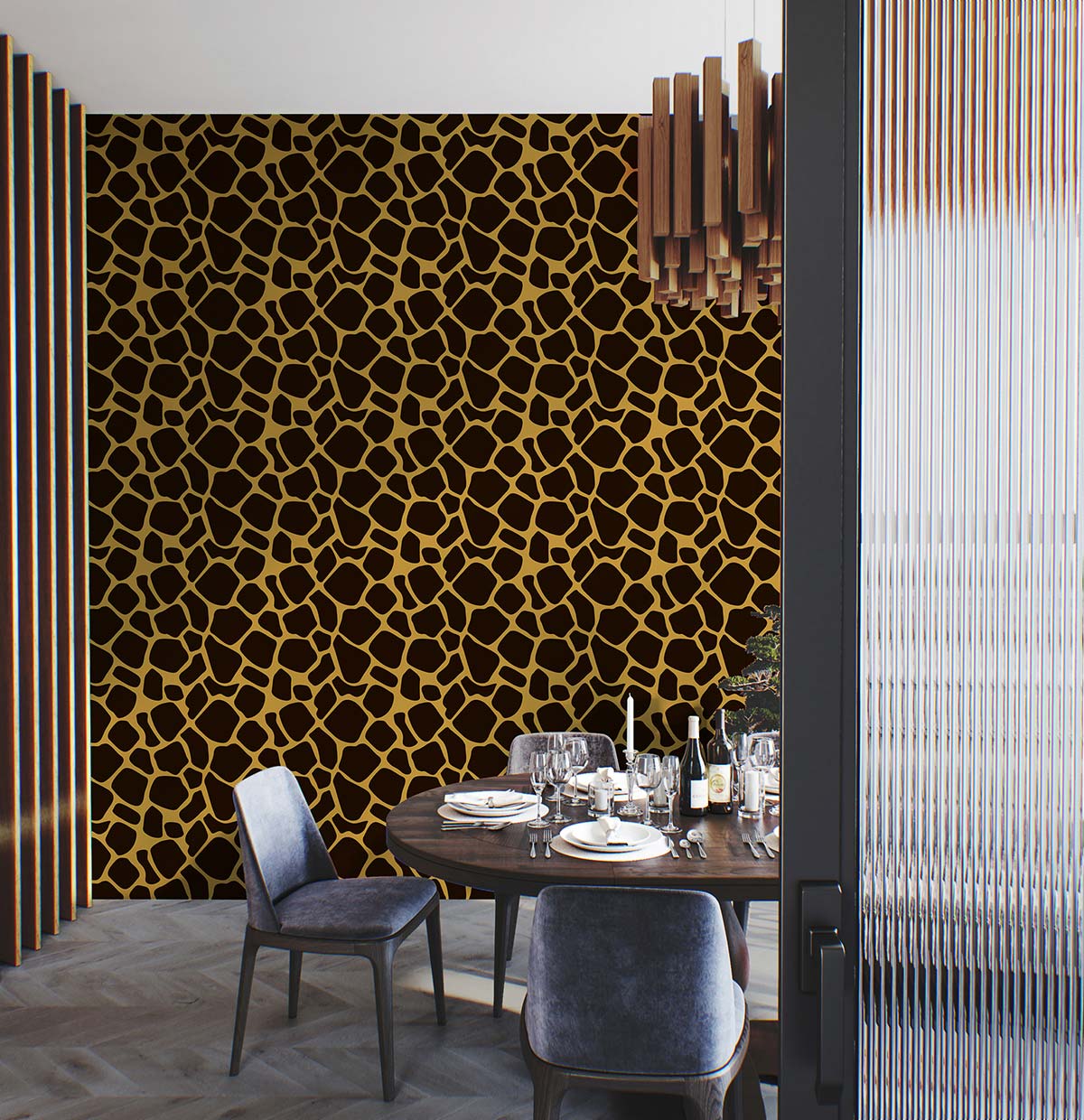 Luxurious gold and black wallpaper in elegant dining room with velvet chairs, wooden floor, modern table.