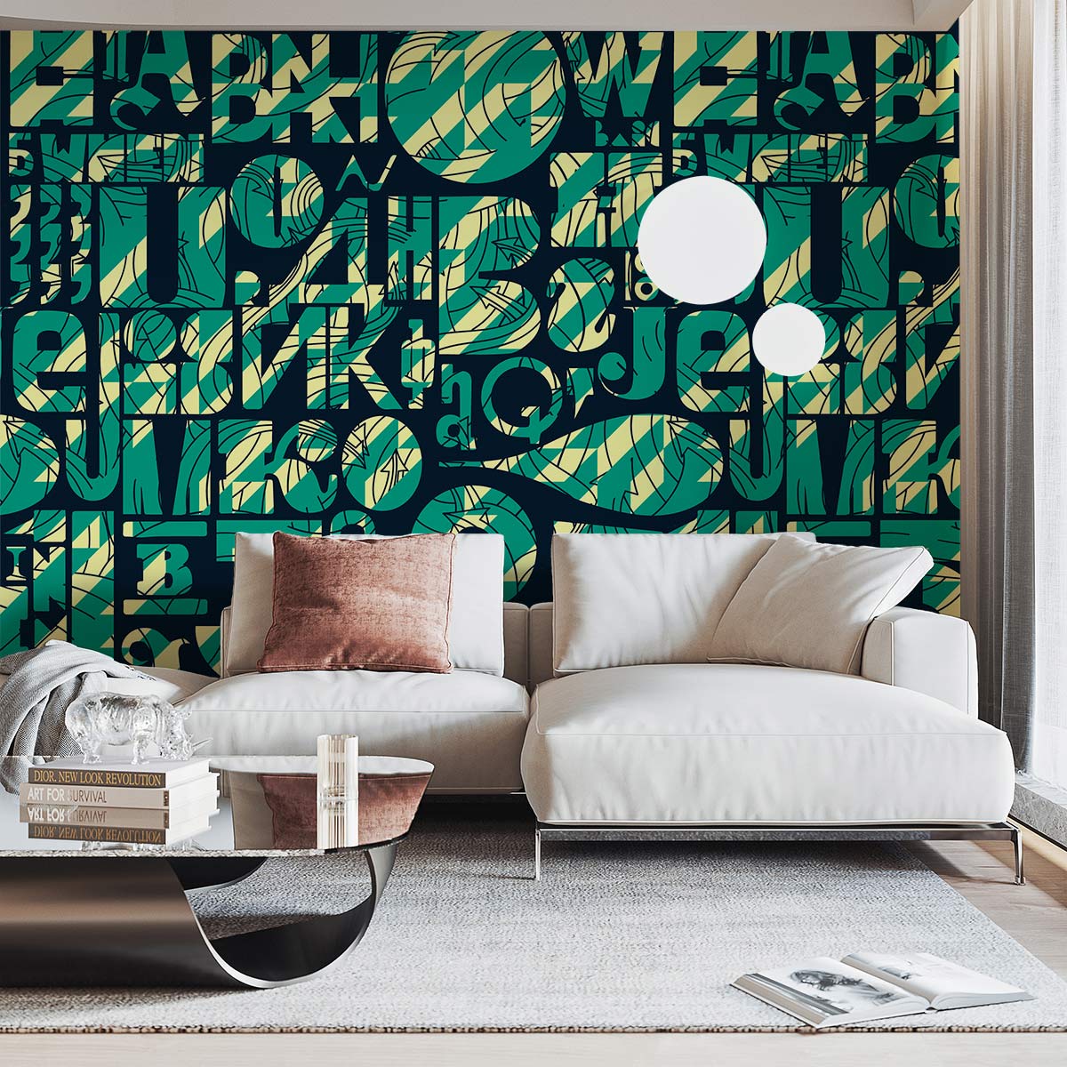 Teal and Yellow Typography Wallpaper with Modern Sofa, Neutral Rug, and Contemporary Decor in Living Room.