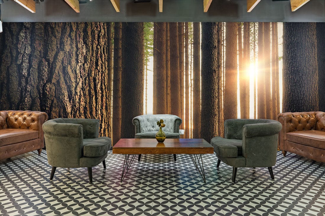 Mystical Sunlit Forest Mural Wallpaper decorates room with brown sofas, green armchairs, patterned flooring.
