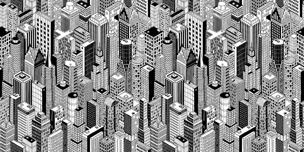 Monochrome Urban Skyline Geometric Cityscape Pattern Wallpaper - Modern Black and White Decor
