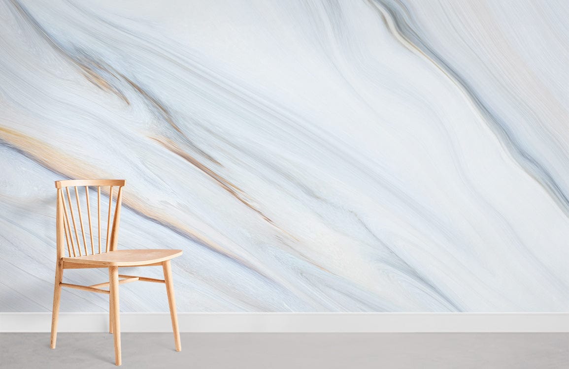Elegant marble wallpaper mural with blue and beige tones, featuring wooden chair on grey flooring.