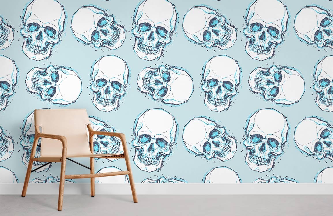 Edgy Blue Skull Pattern Wallpaper, Gothic design, beige chair, grey flooring, stylish interior accent.