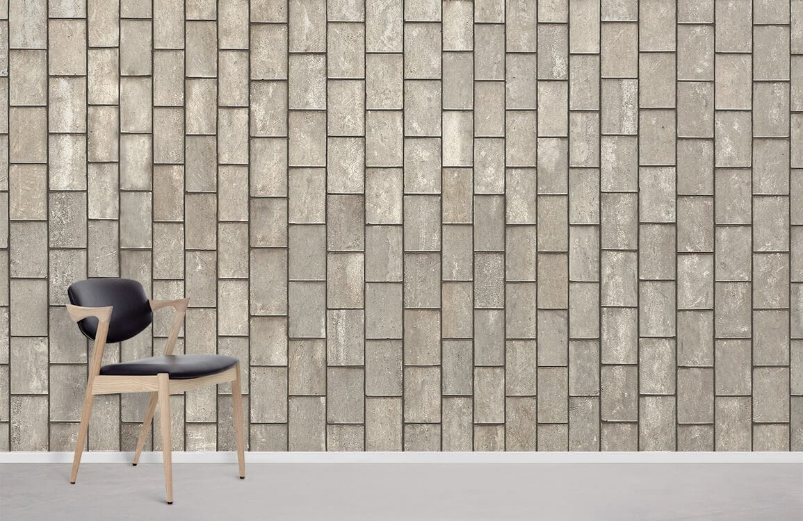 Rustic grey brick wallpaper, stone effect, modern chair on light grey flooring, contemporary room style.