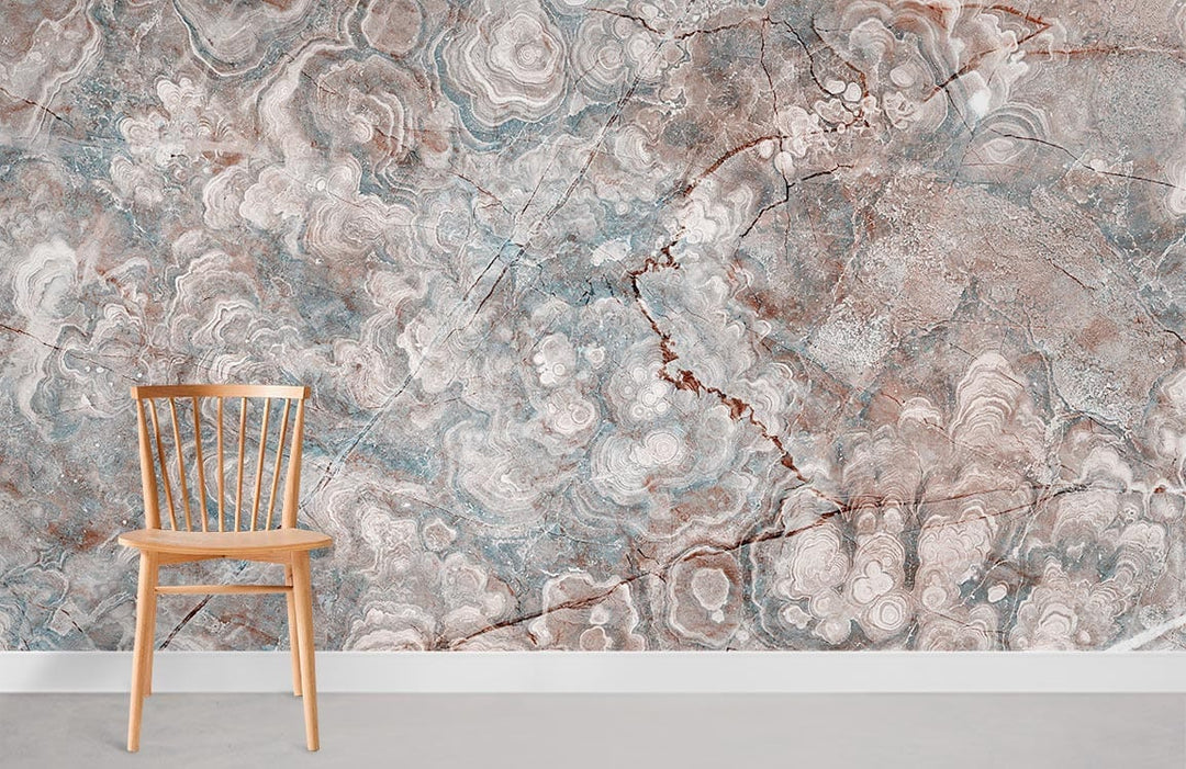 Elegant Marbled Cloudy Texture Mural Wallpaper with Wooden Chair in Minimalist Room, Grey Flooring.