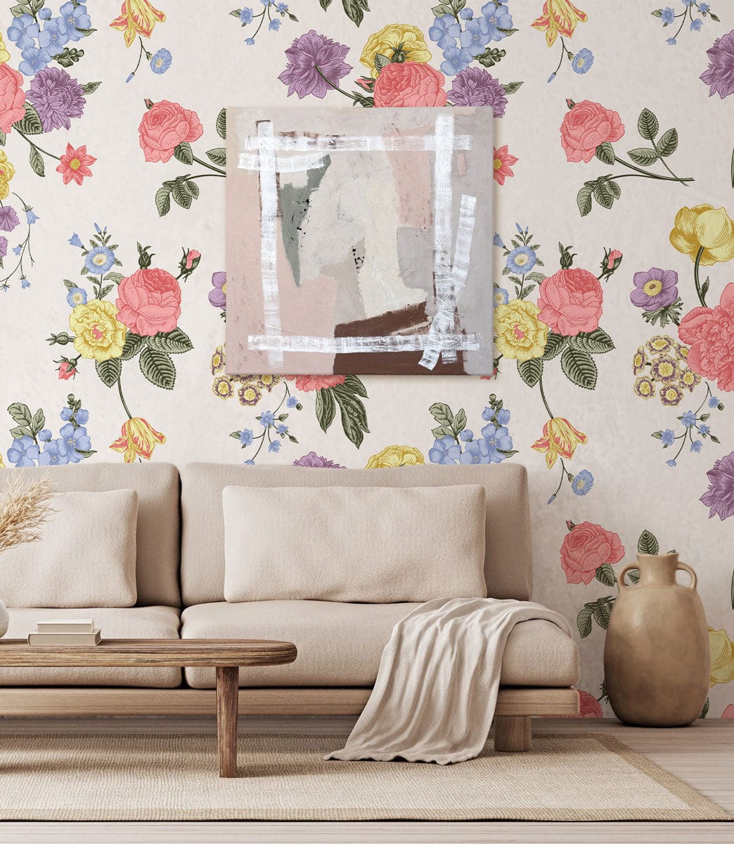 Vintage floral bouquet wallpaper in a cosy living room with beige sofa and wooden coffee table.