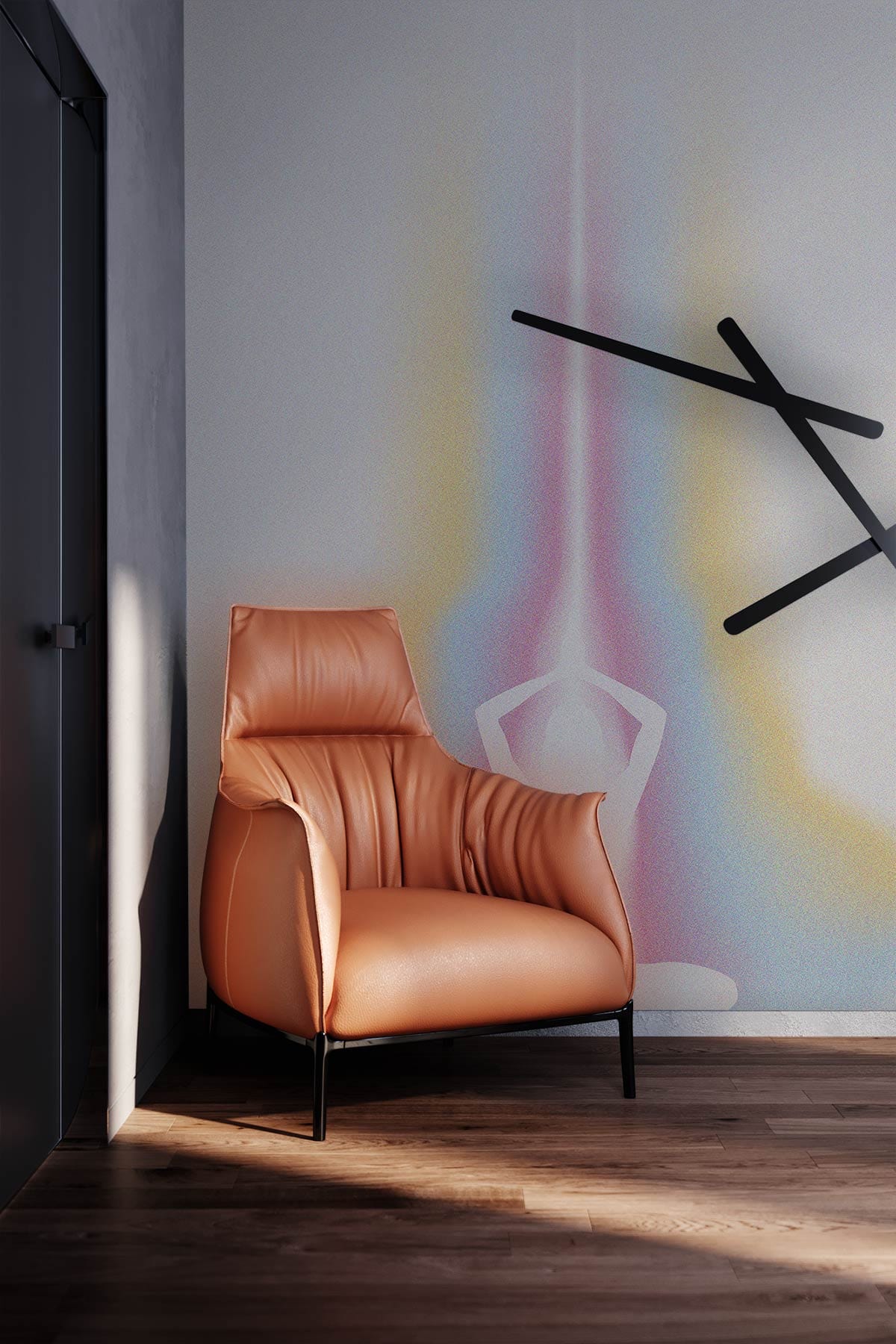 Orange leather chair against Tranquil Meditation Aura Mural in pastel, wooden flooring, contemporary room setting.