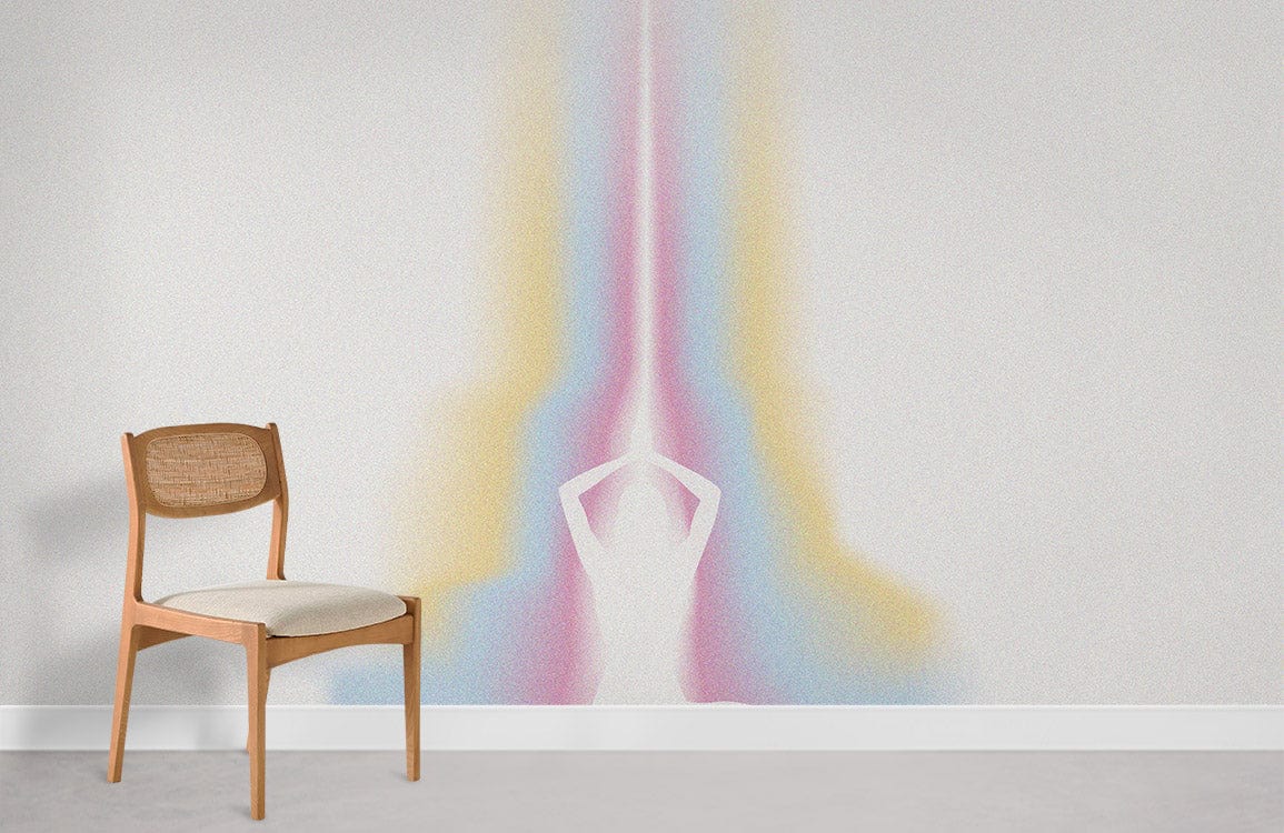 Tranquil Meditation Aura Wall Mural in pastel tones, featuring a wooden chair on grey flooring.