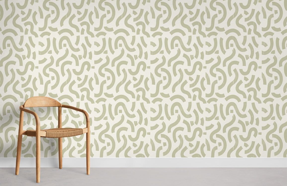 Elegant sage abstract wallpaper in modern room with minimalist wooden chair, neutral carpet flooring.