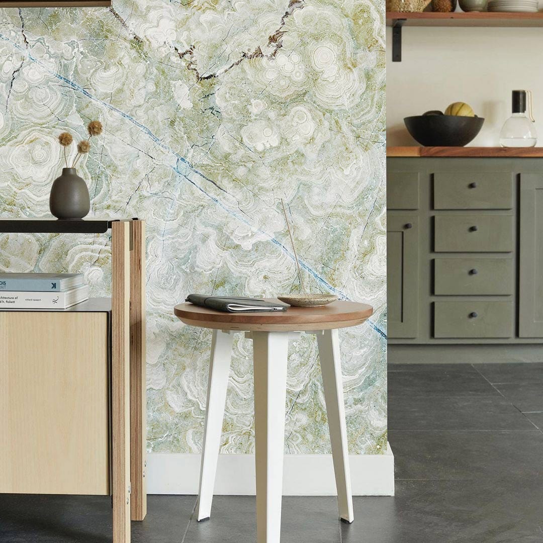 Elegant Blue and Green Marble Effect Wallpaper in modern kitchen, with grey cabinets and matte flooring.