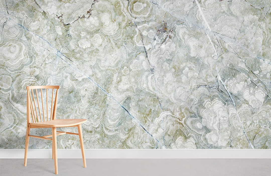 Elegant Blue and Green Marble Wallpaper in a modern room with wooden chair on grey flooring.