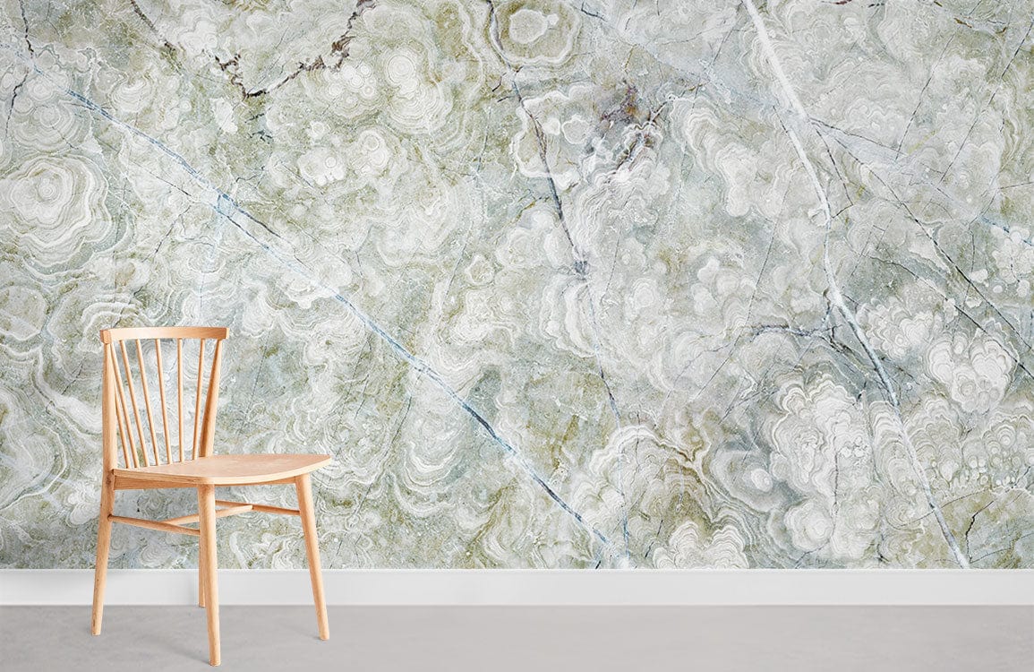 Elegant Blue and Green Marble Wallpaper in a modern room with wooden chair on grey flooring.