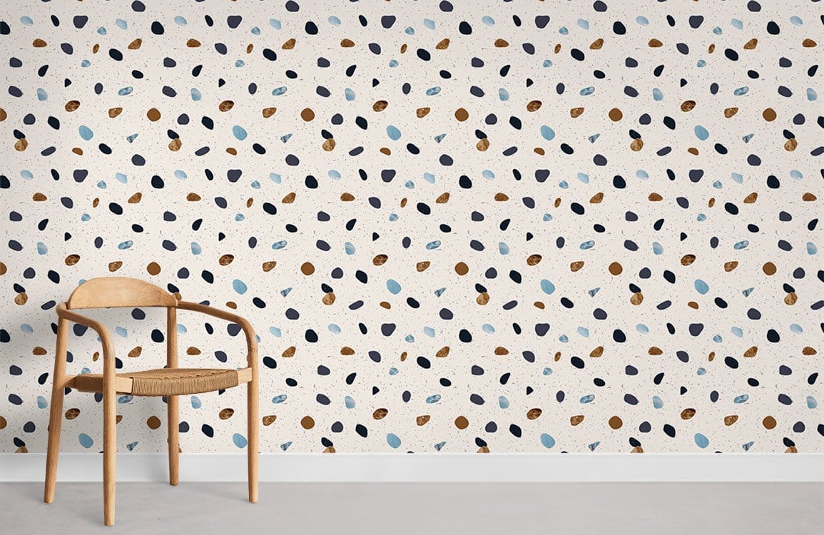 Contemporary terrazzo pattern wallpaper with wooden chair, beige and blue tones, modern room setting.