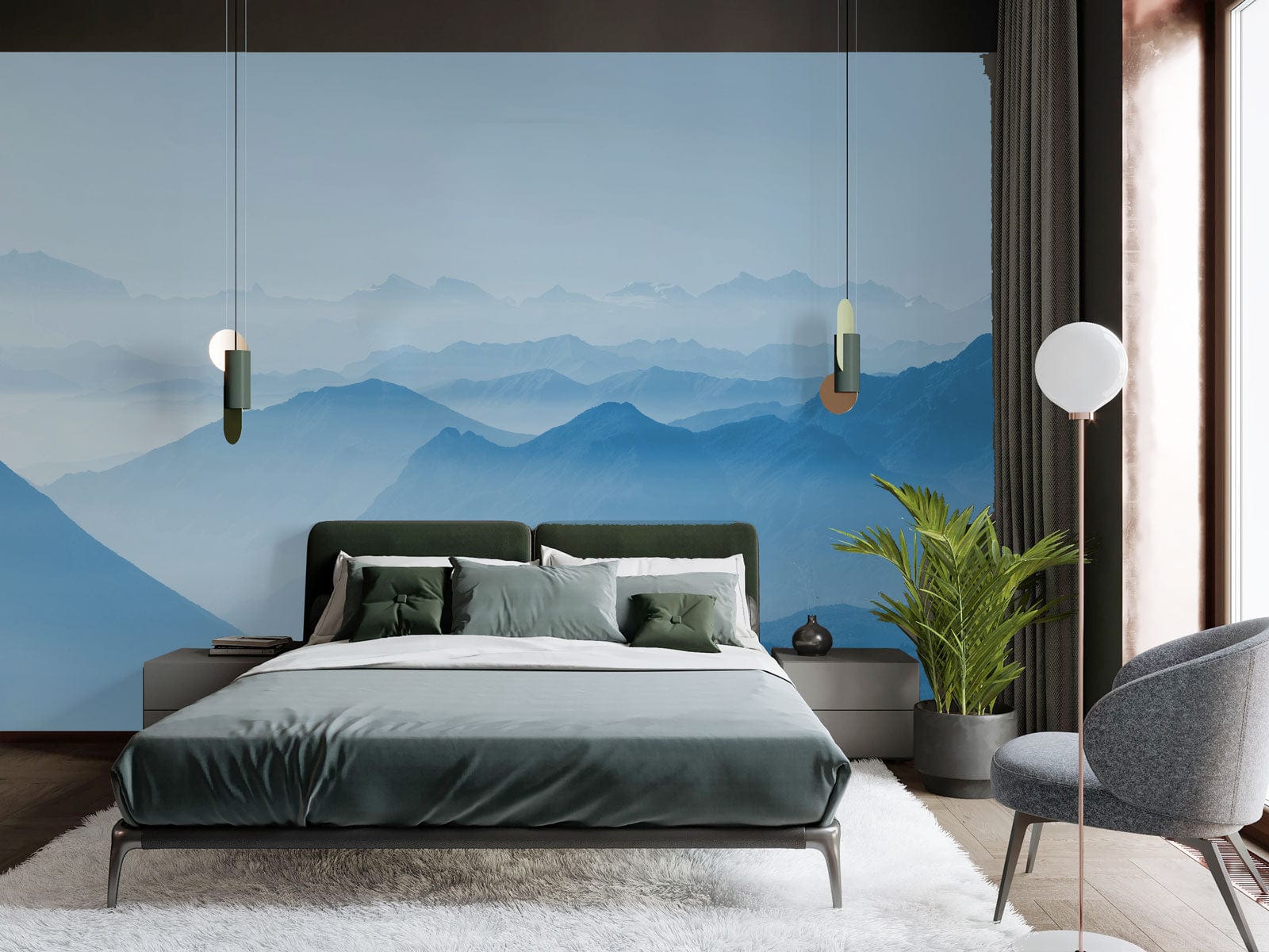 Tranquil Blue Mountain Range Scenic Mural Wallpaper for Serene Interiors