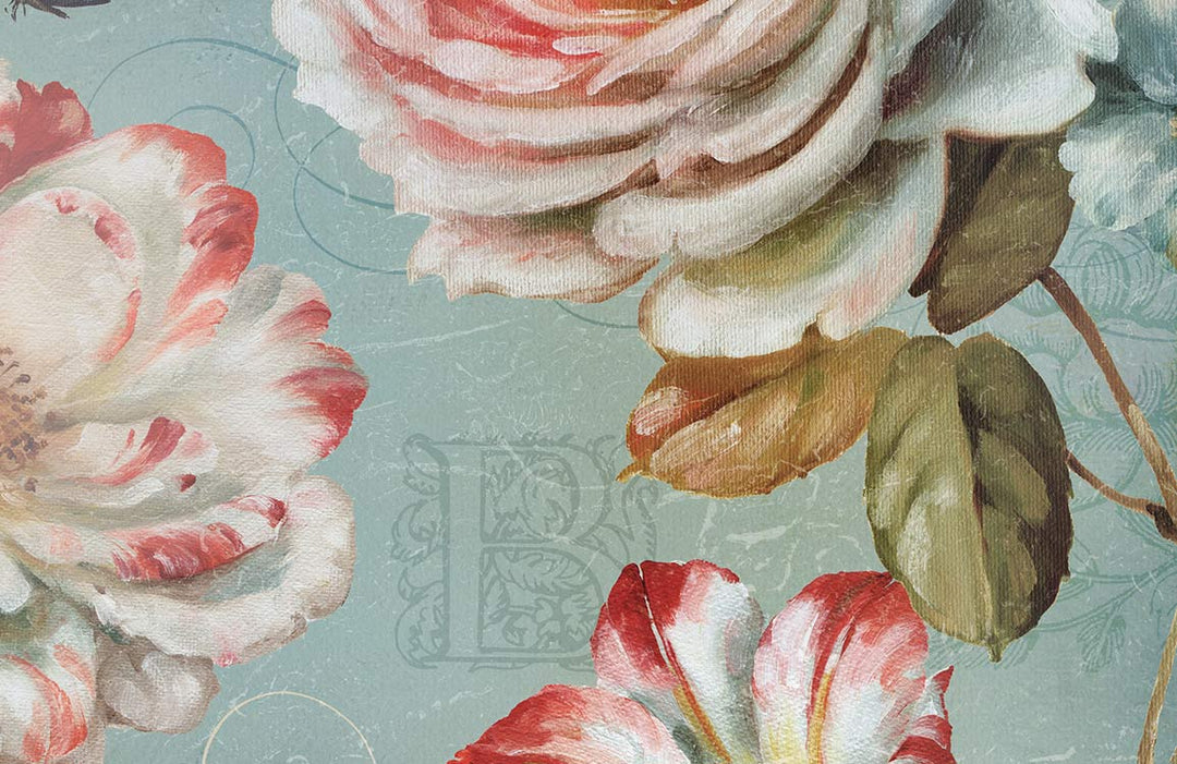 Vintage Pastel Floral Mural Wallpaper with Red Roses on Blue Background
