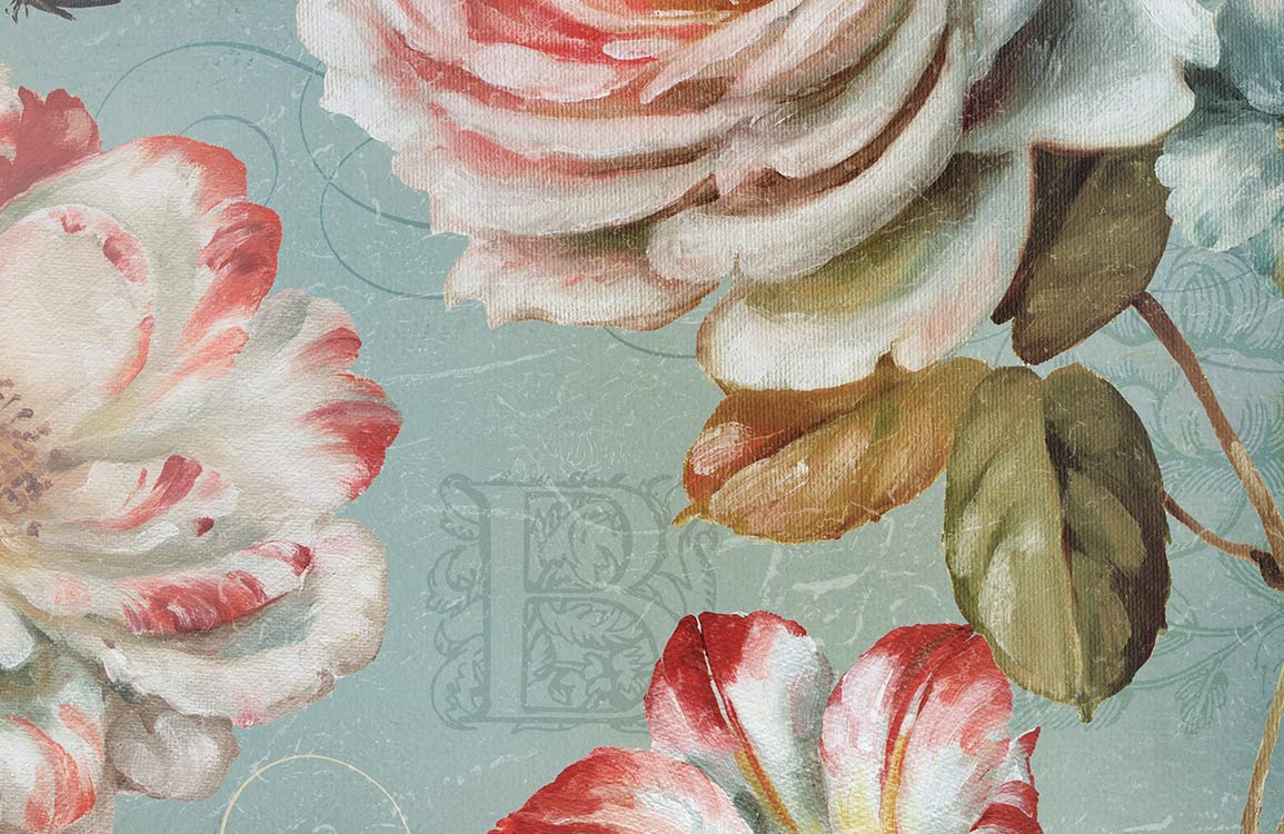 Vintage Pastel Floral Mural Wallpaper with Red Roses on Blue Background