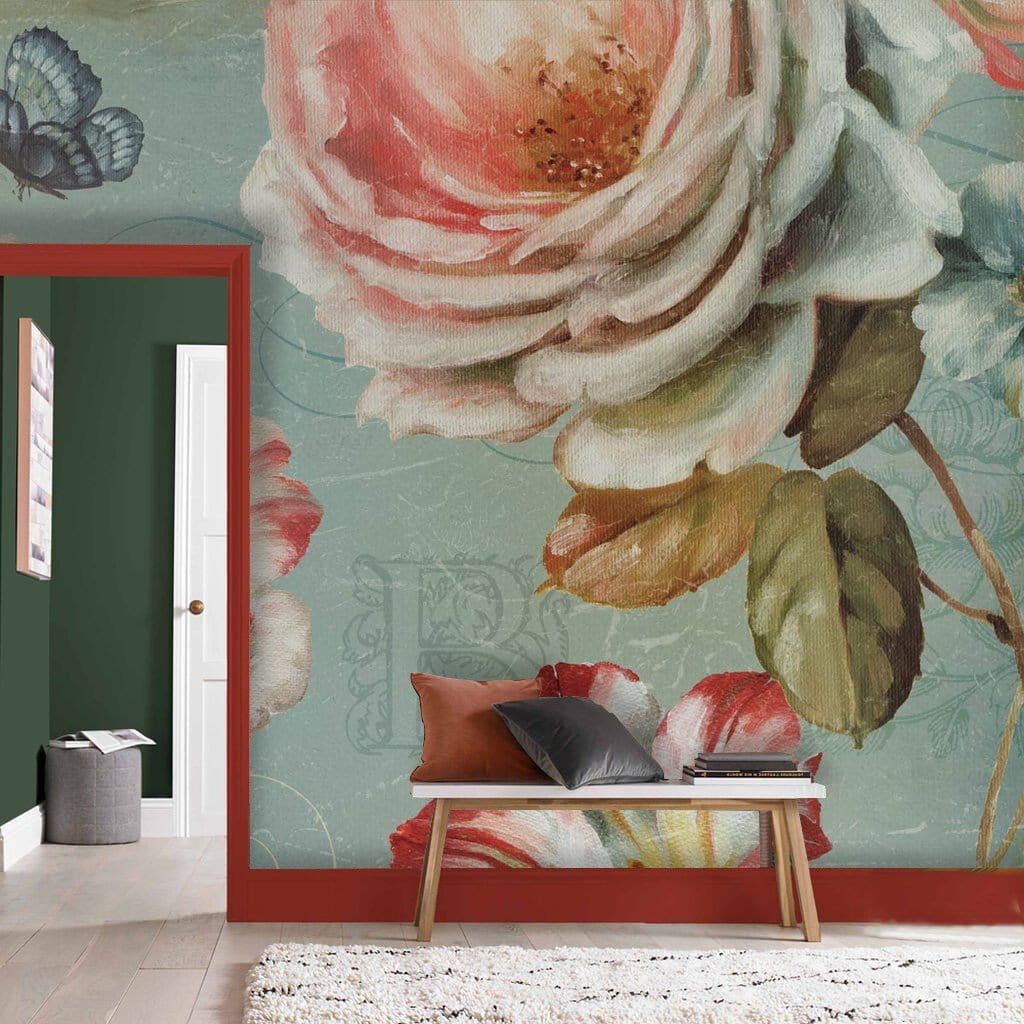 Vintage floral mural wallpaper with red roses, butterfly, green walls, wooden floor in living room.