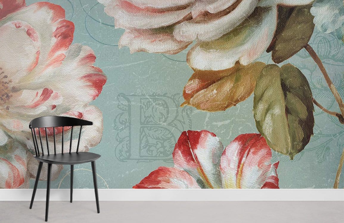 Vintage Pastel Floral Mural Wallpaper featuring red roses, with black chair on grey floor setting.