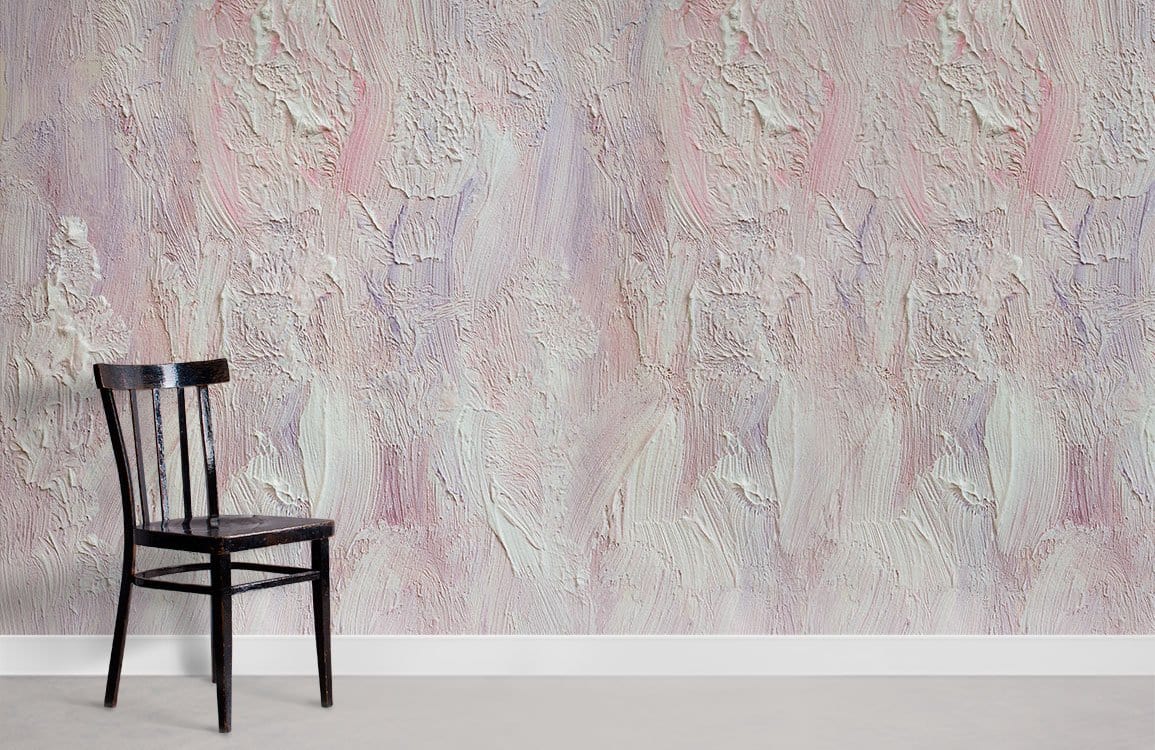 Soft pastel textured abstract mural wallpaper, elegant interiors, black wooden chair, light grey flooring.