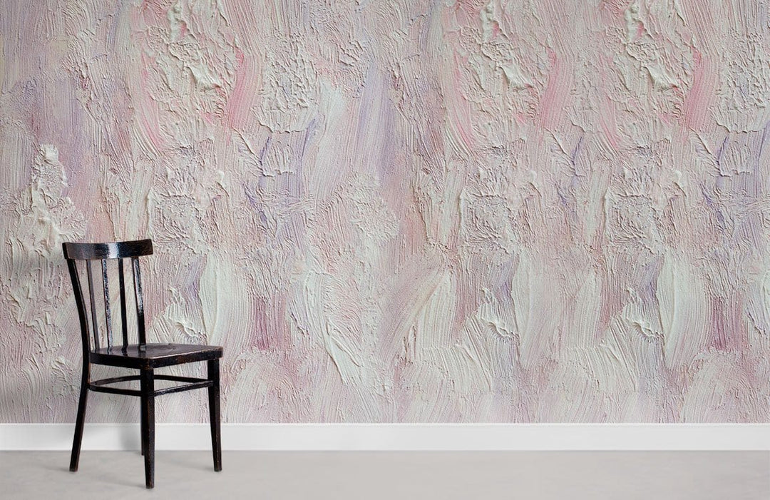 Soft pastel textured abstract mural wallpaper, elegant interiors, black wooden chair, light grey flooring.