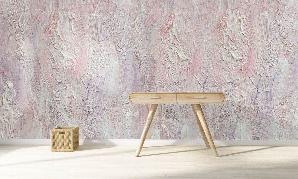 Soft pastel abstract mural wallpaper in elegant interior with wooden desk and light flooring.