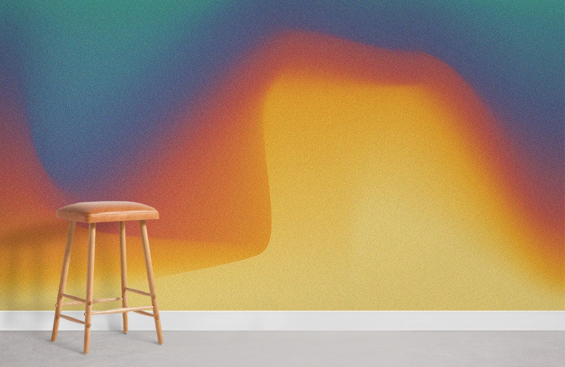 Vibrant Sunset Gradient Wall Art Mural with wooden stool, grey floor in modern room setting.