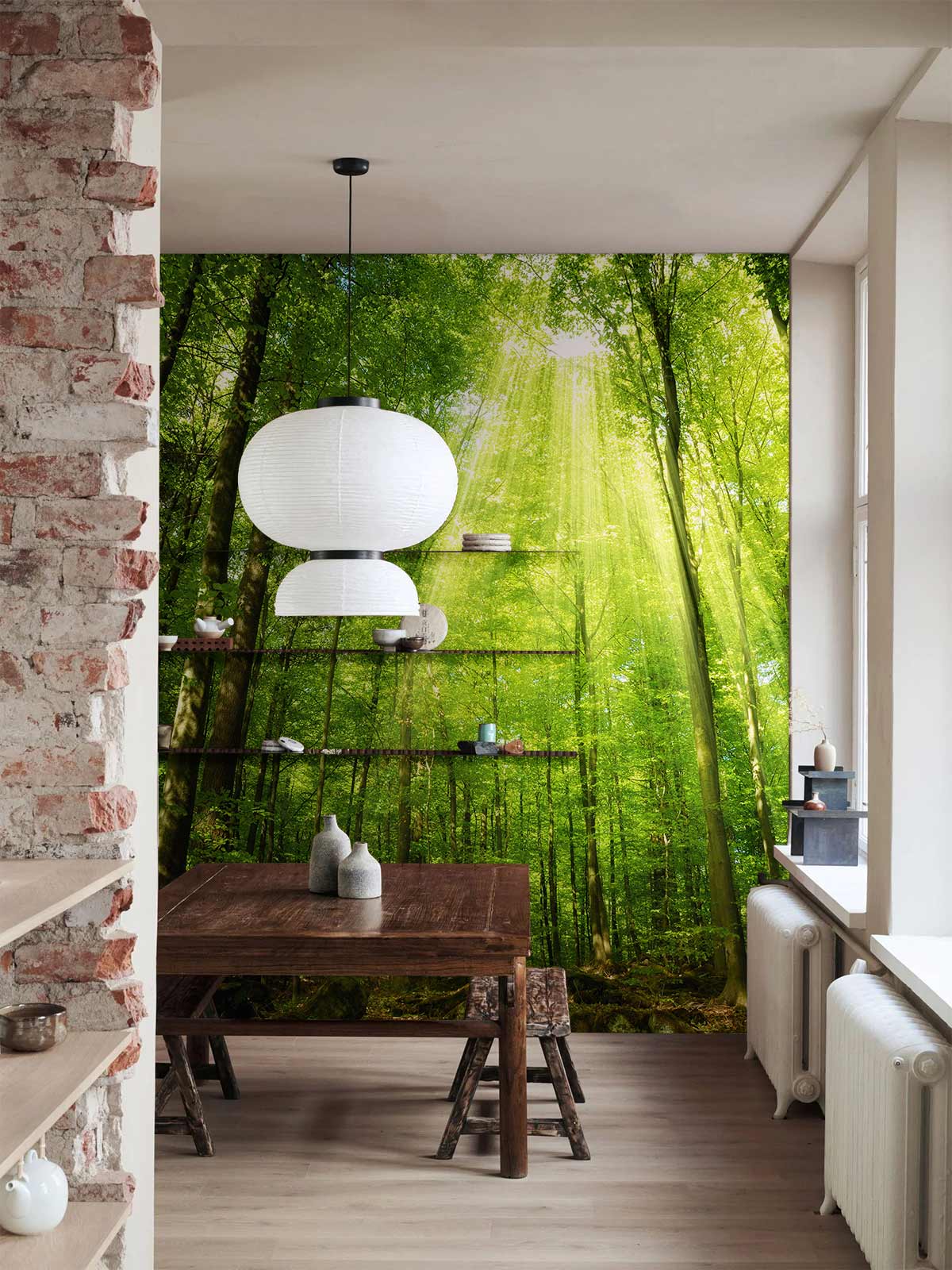 Lush Green Forest Sunlight Mural Wallpaper in dining room, rustic wooden table, brick accent wall.