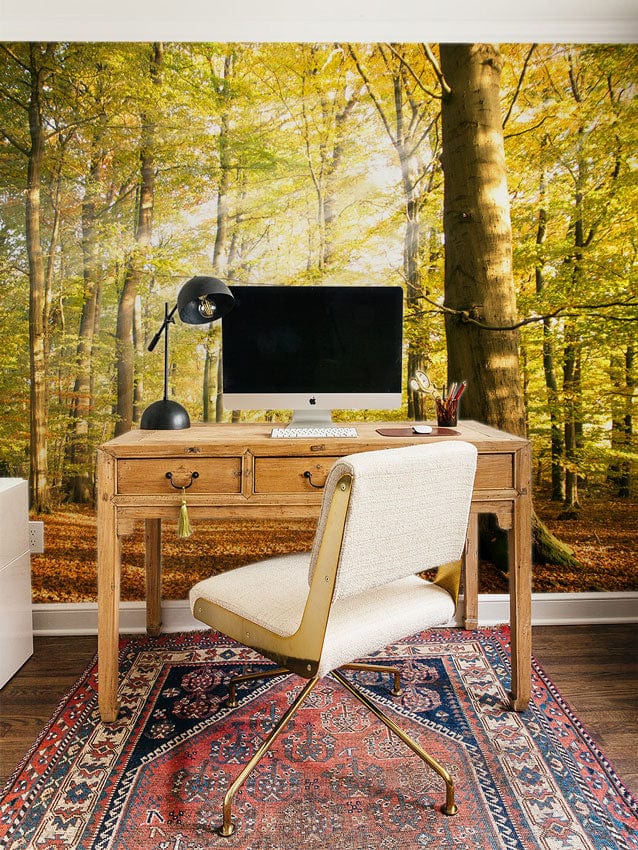 Golden Autumn Forest Mural Wallpaper in home office, wooden desk, patterned rug, elegant chair.