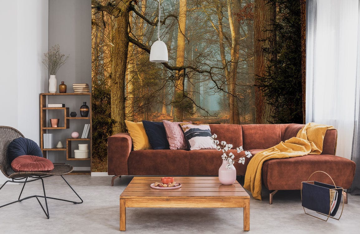 Enchanting mural with rustic woodland design, autumn forest theme, brown sofa, modern style living room.