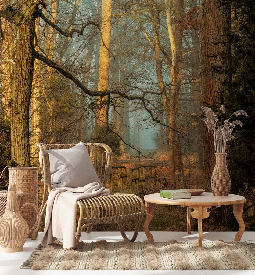 Enchanting Autumn Forest Mural Wallpaper, rustic pathway, wicker chair, round table, cosy living room.