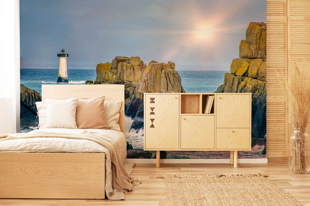 Coastal mural wallpaper featuring lighthouse, modern bed, light wood flooring, and cabinet in serene bedroom.