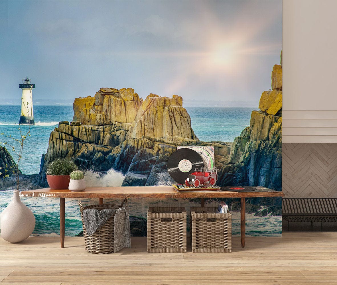 Seaside Serenity mural wallpaper of lighthouse in living room with wooden flooring and rustic table.