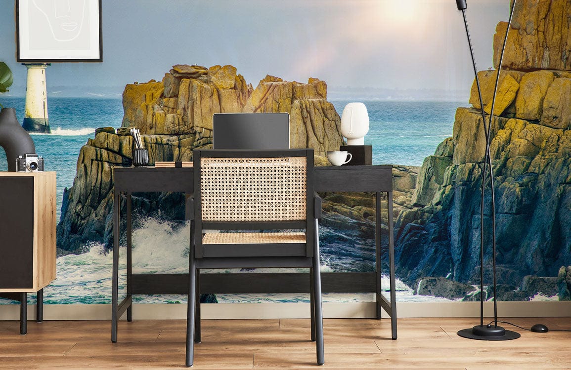 Seaside Serenity mural with lighthouse in office, black desk, wooden flooring, coastal decor, sunlight.
