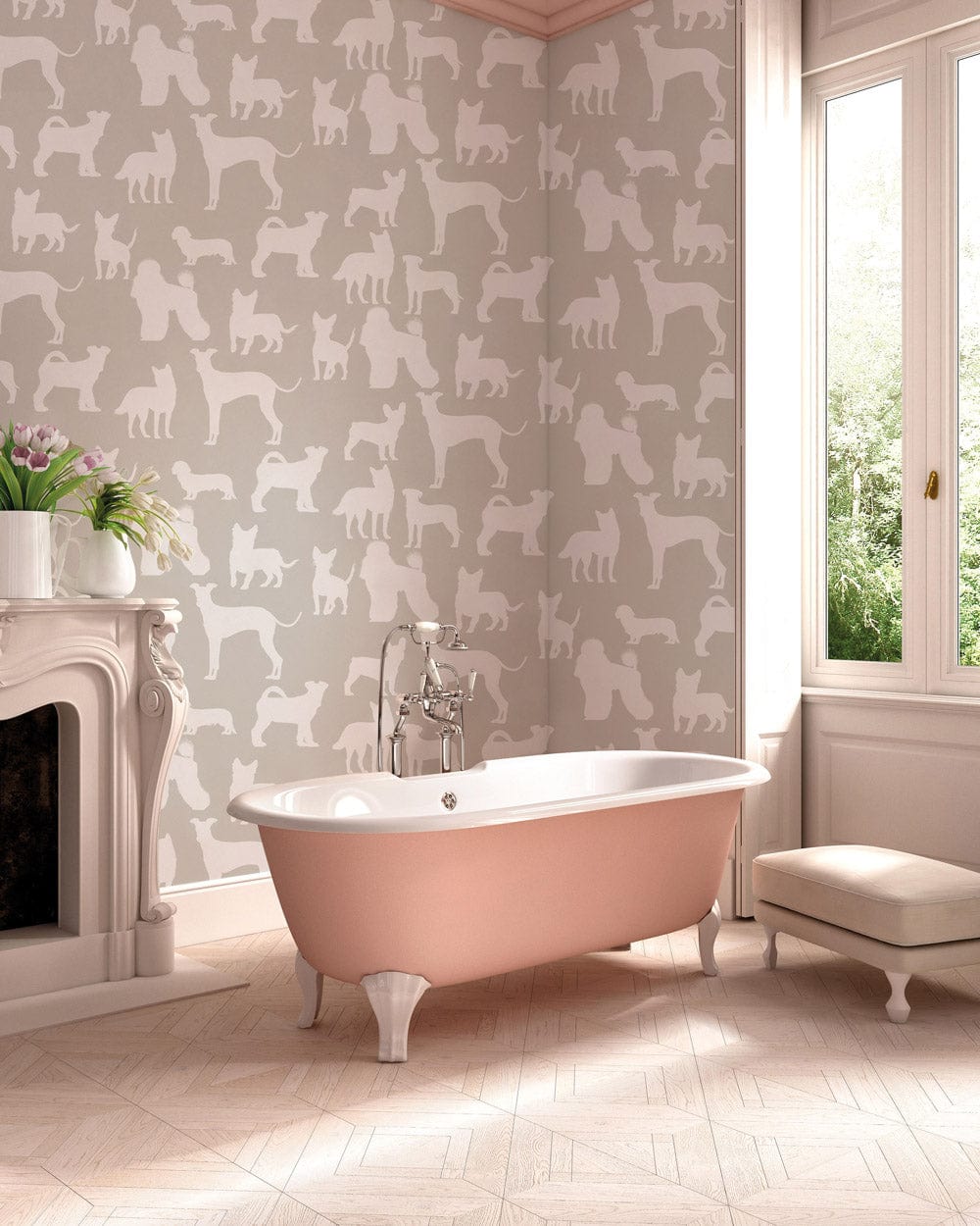 Grey Dog Silhouette Wallpaper in modern bathroom with pink bathtub and light wood flooring.