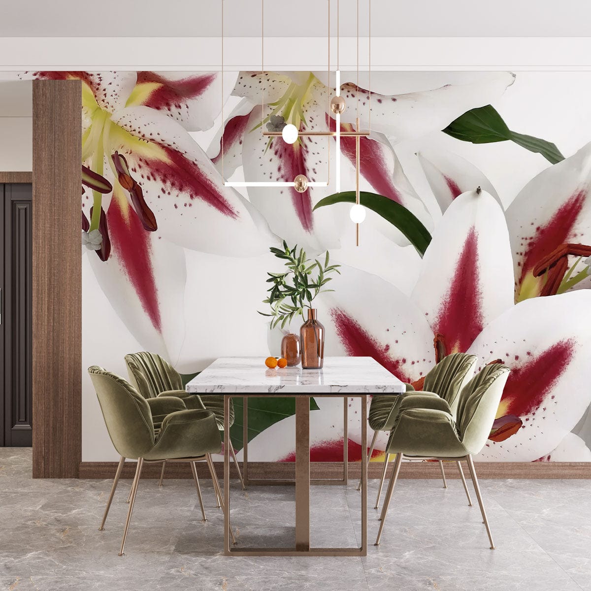 Elegant White Lily Floral Wallpaper in modern dining room with green chairs and stone floor accents.