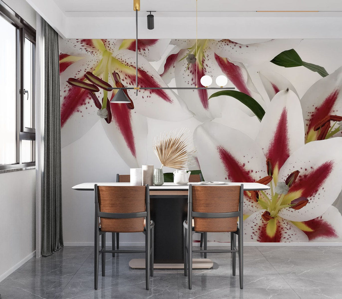 Elegant white lily floral wallpaper mural with red accents, dining room, grey marble floor, wooden chairs.