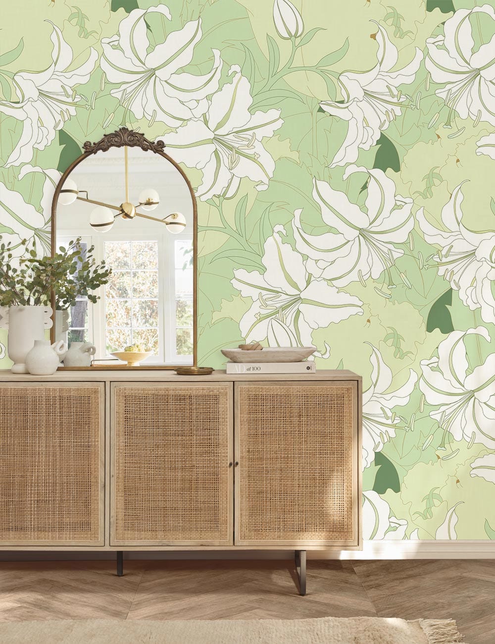 Elegant Vintage Lily Pattern Wallpaper in soft green, white floral design, wooden sideboard, mirror, parquet floor.