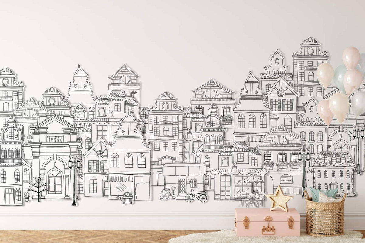 Vintage Monochrome Cityscape Mural Wallpaper, architectural sketch design, nursery decor, wooden flooring.