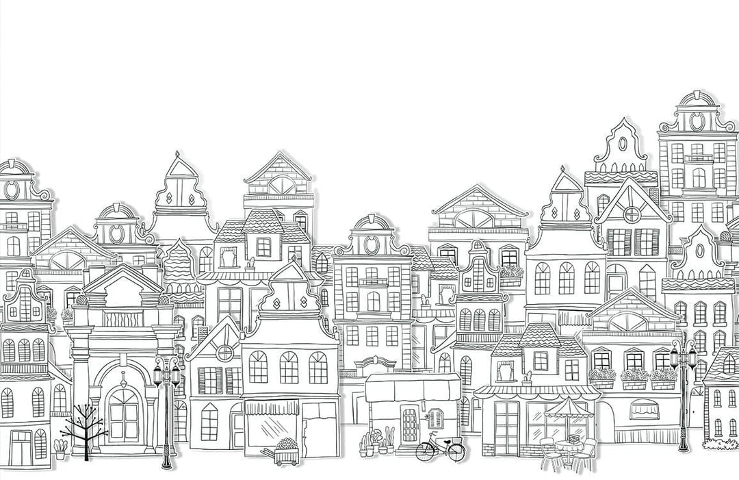 Vintage Monochrome Cityscape Mural Wallpaper: Elegant Architectural Sketch Design
