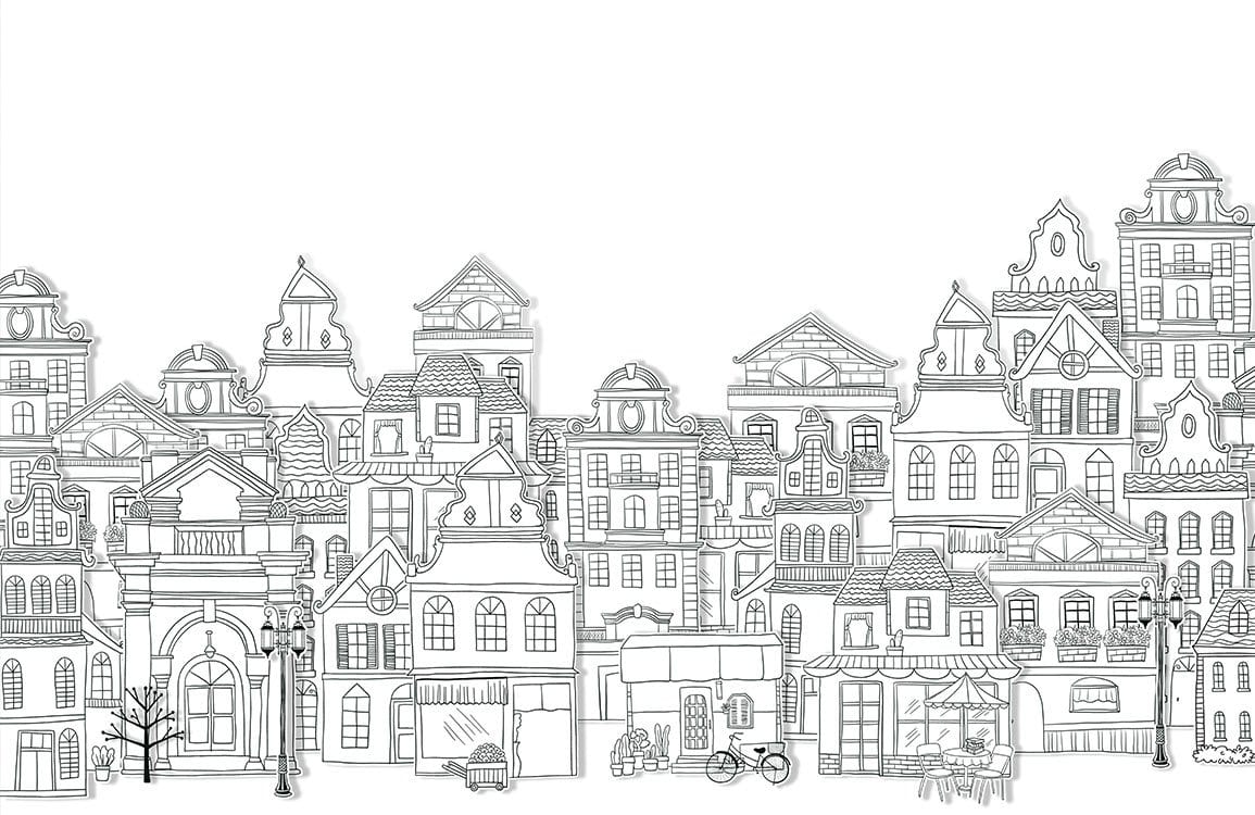 Vintage Monochrome Cityscape Mural Wallpaper: Elegant Architectural Sketch Design