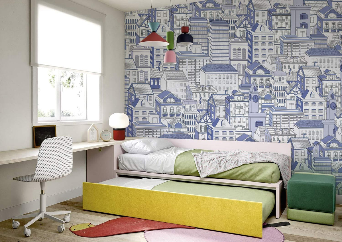 Vintage Blue Cityscape wallpaper mural in child's room with modern furniture, wood flooring, and colourful decor.