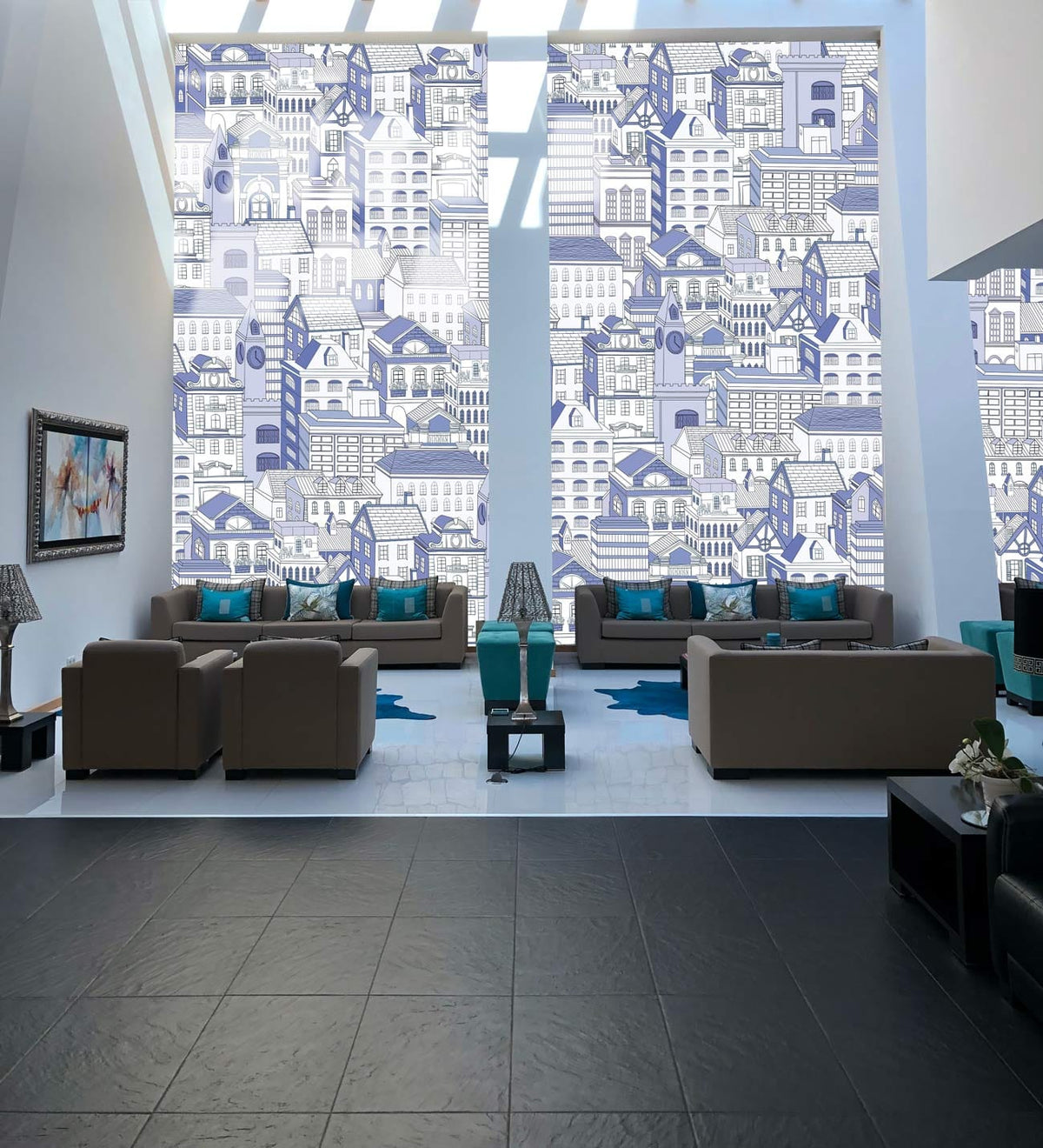 Vintage blue cityscape patterned wallpaper in elegant urban living room with brown sofas and tile flooring.
