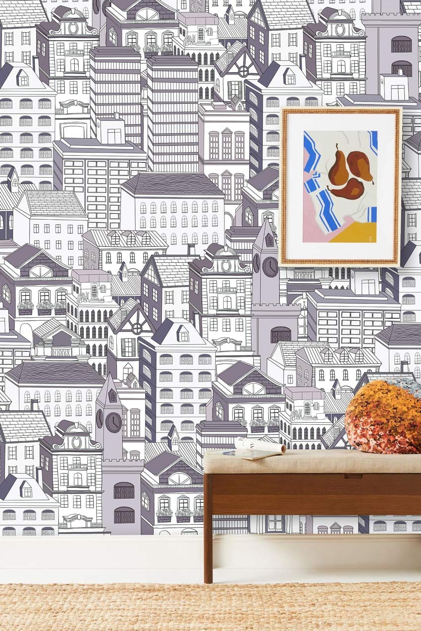 Monochrome urban cityscape patterned wallpaper, contemporary design, with wooden console and beige carpet flooring.