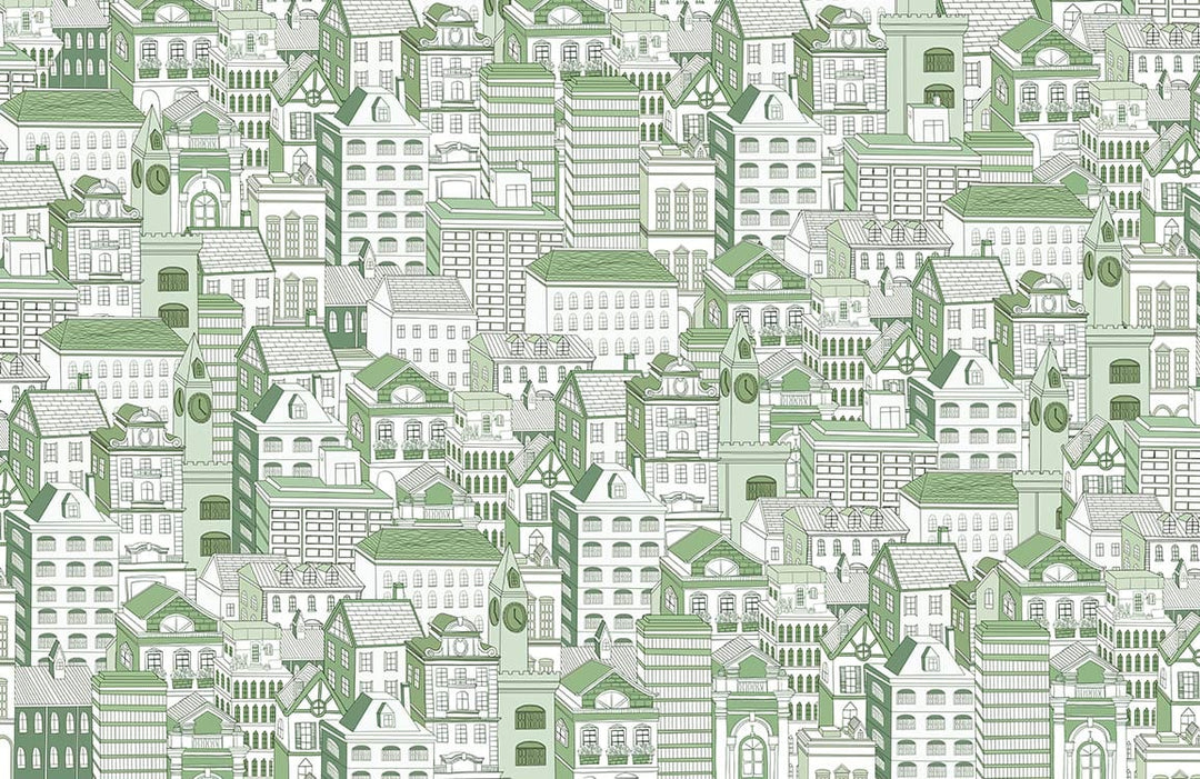 Green Urban Landscape Patterned Wallpaper Mural - Classic Architectural Design