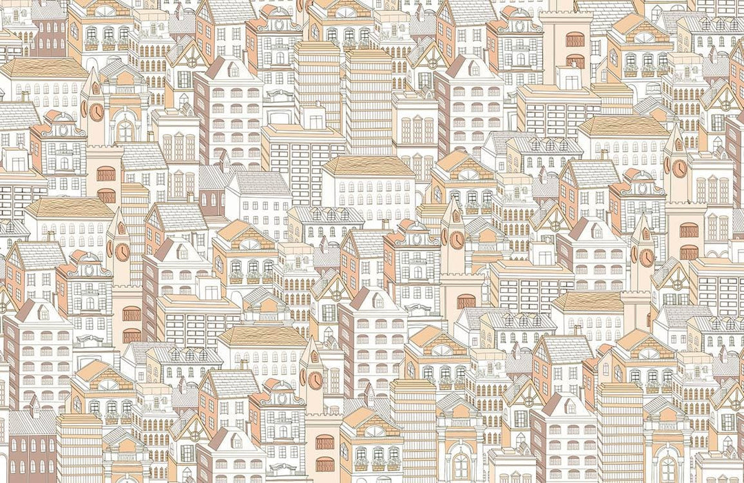 Vintage Urban Cityscape Wallpaper with Soft Earth Tones and Intricate Design